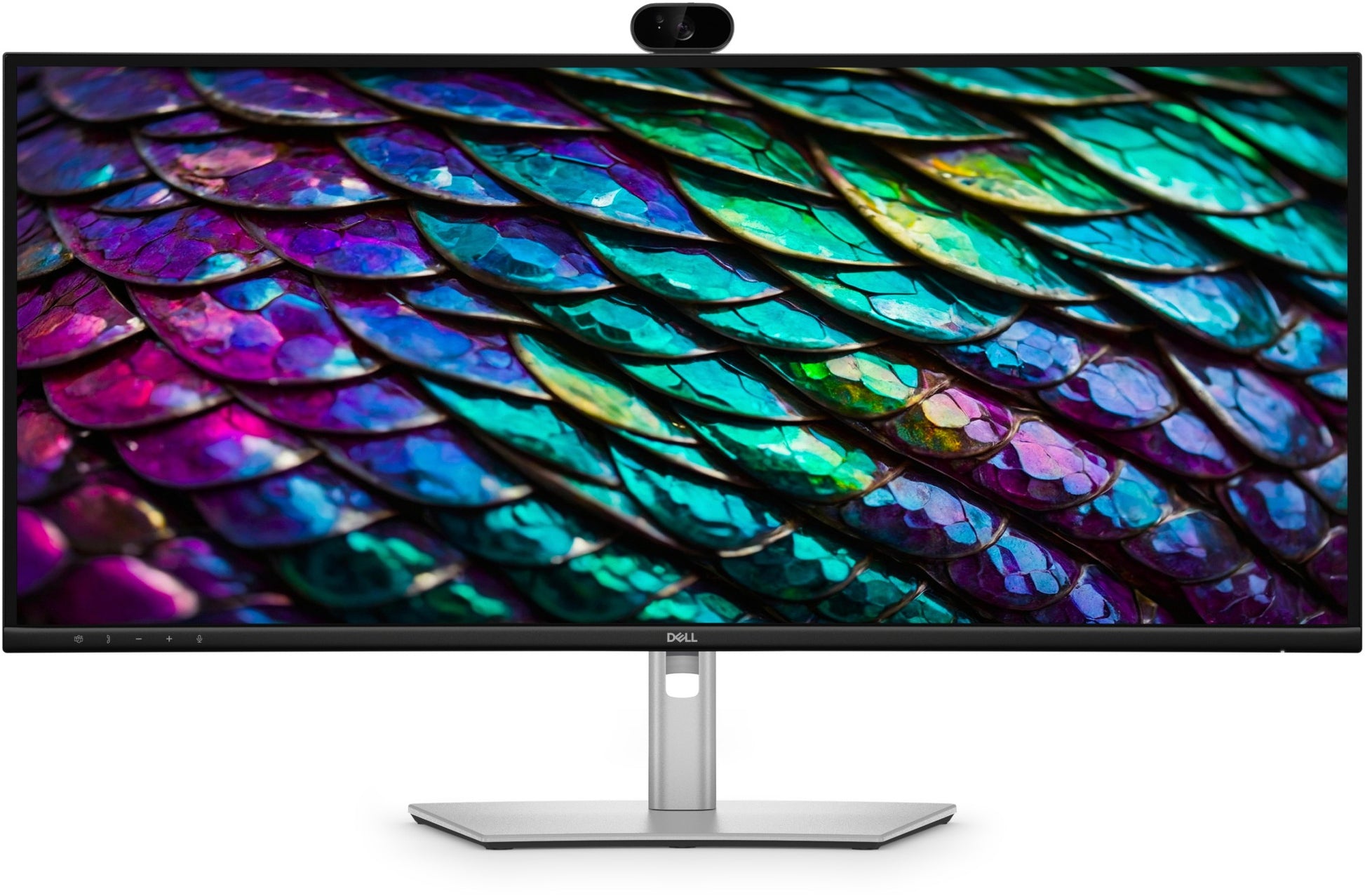 Dell P3426WEB silver 34 inch WQHD curved USB-C hub monitor with vibrant iridescent dragon-scale wallpaper