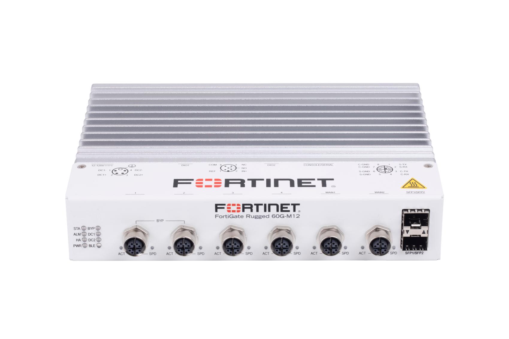 Fortinet FortiGate Rugged 60G-M12 white firewall with ports and heat sink