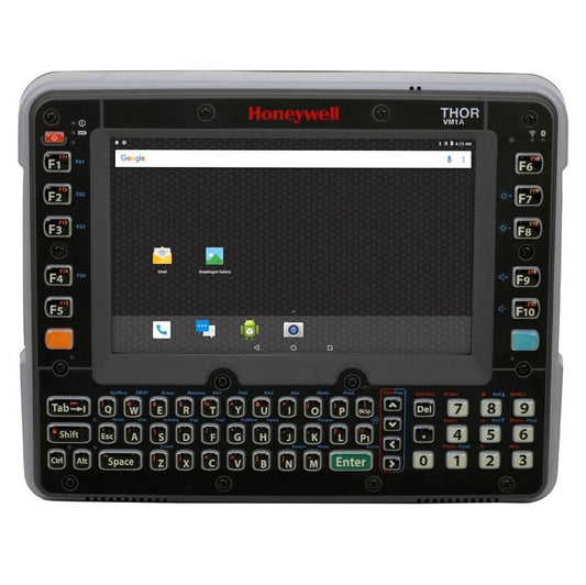 Honeywell VM1A rugged tablet with gray casing, red branding, black screen, keyboard