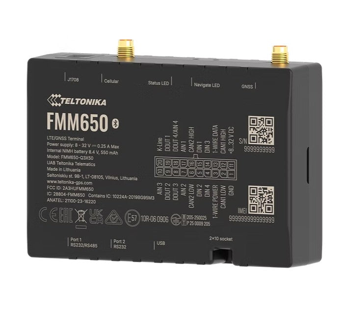 Black teltonika fmm650y3fe01 4g lte cat m1 gps tracker with gold antenna connectors and matte finish shown from back
