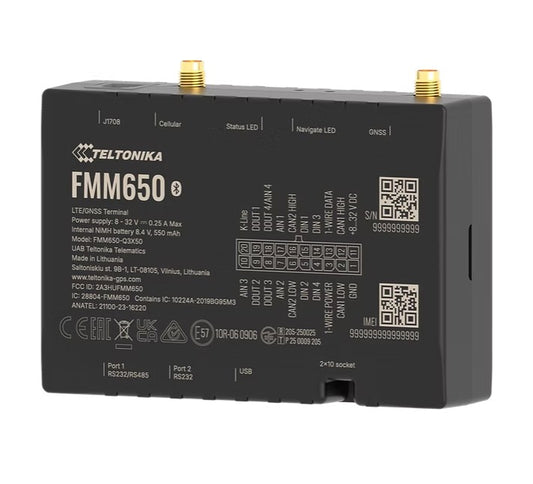 Black teltonika fmm650y3fe01 4g lte cat m1 gps tracker with gold antenna connectors and matte finish shown from back
