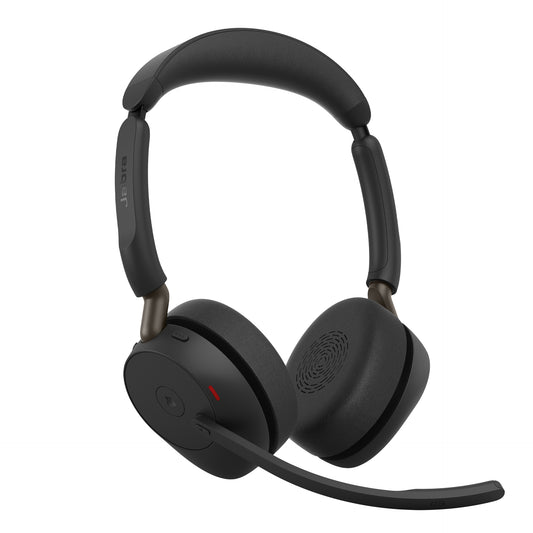 Black jabra evolve3 65 ms wireless anc stereo headset with usb-c link390c and charging stand with attached microphone