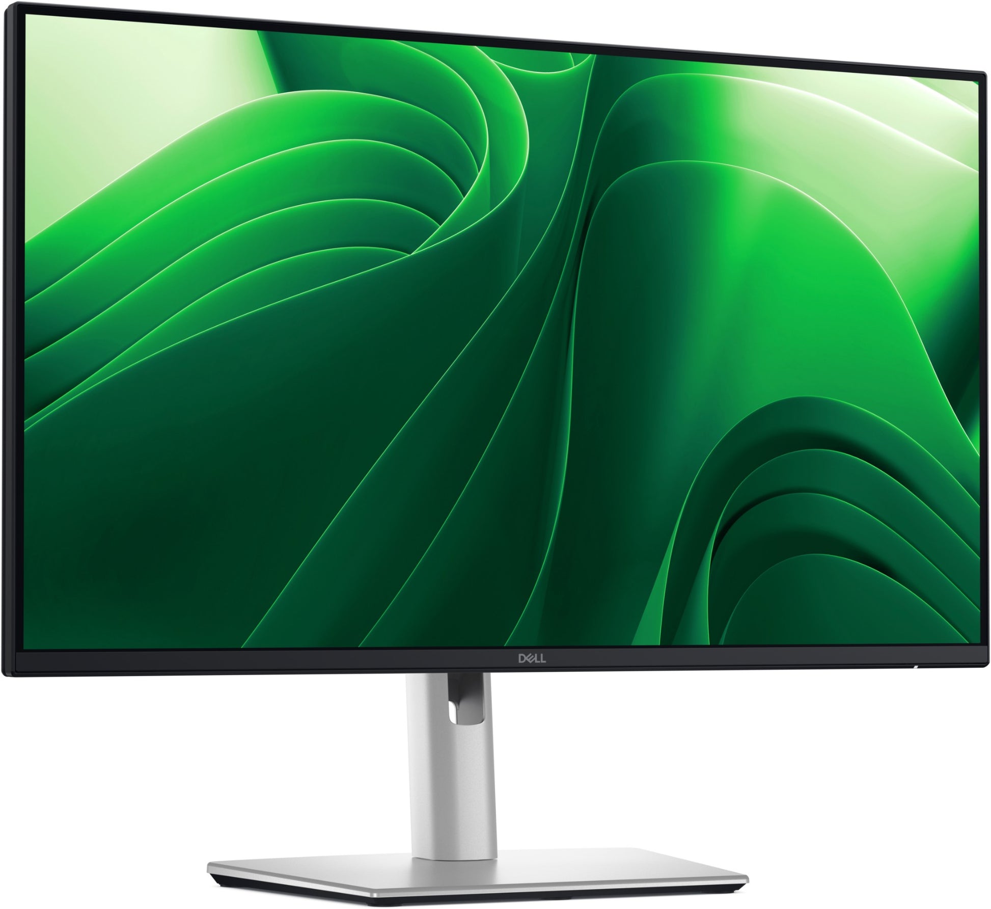 Dell ultrasharp 27-inch monitor with sleek black frame silver stand showing vibrant green abstract waves display