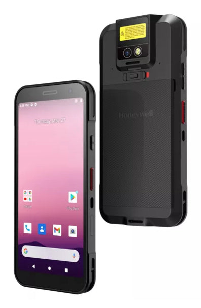 Black rugged Honeywell CT32-X1N-58S1FBG handheld mobile computer back with textured surface and red accent buttons