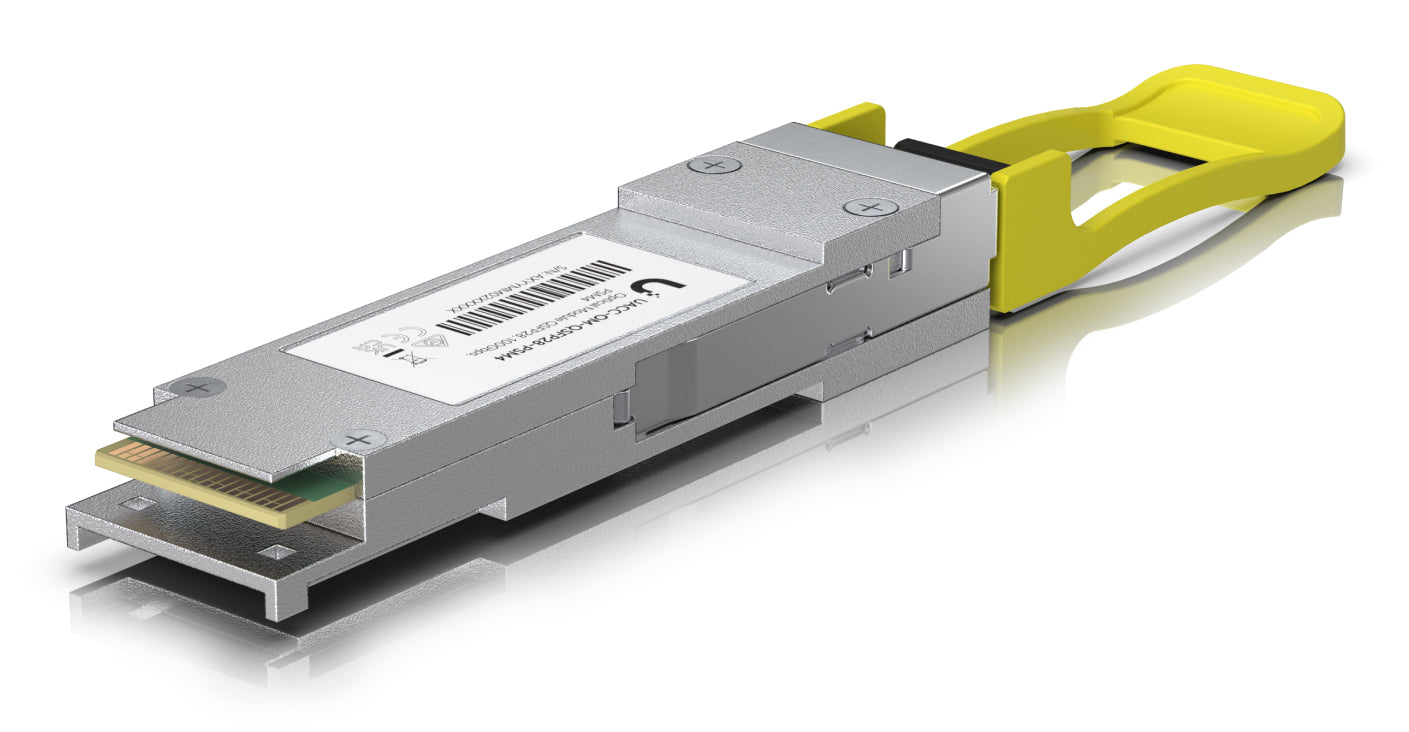 Ubiquiti UACC-OM-QSFP28-PSM4 silver QSFP28 transceiver with yellow latch