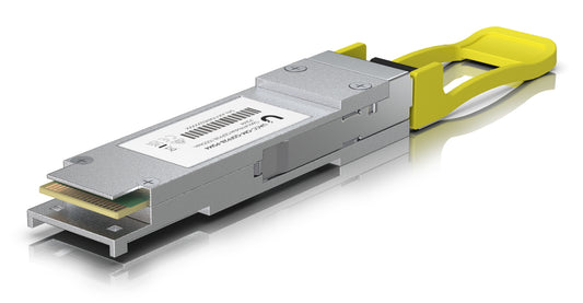 Ubiquiti UACC-OM-QSFP28-PSM4 silver QSFP28 transceiver with yellow latch