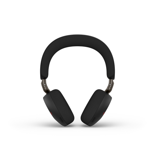 Black over-ear Jabra evolve3 75 UC headphones with textured fabric earcups wireless charger and USB-C dongle included