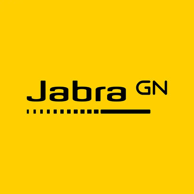 Black jabra gn logo on a vibrant yellow background.