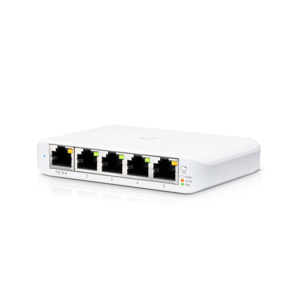 Ubiquiti USW-Flex-Mini-AU 5-port Gigabit UniFi Switch Flex Mini with white plastic body, Ethernet ports and indicator lights