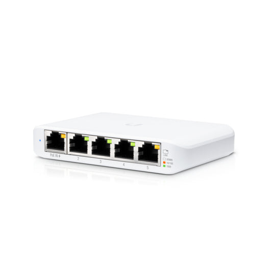 Ubiquiti USW-Flex-Mini-AU 5-port Gigabit UniFi Switch Flex Mini with white plastic body, Ethernet ports and indicator lights