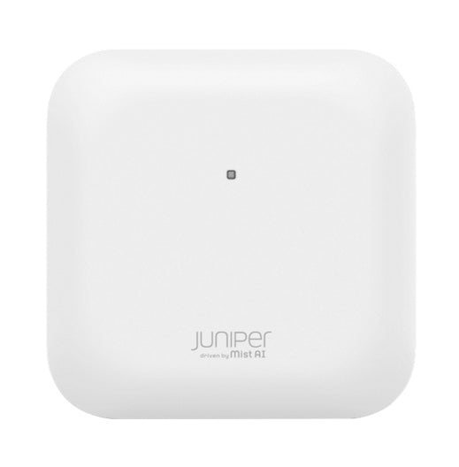 White square-shaped juniper ap27-ww wi-fi 7 access point with indicator light and driven by mist ai text