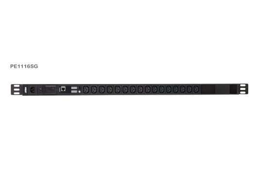 Black aten pe1116sg metered pdu with 16 outlets and network port 0u vertical 10a power distribution unit back side