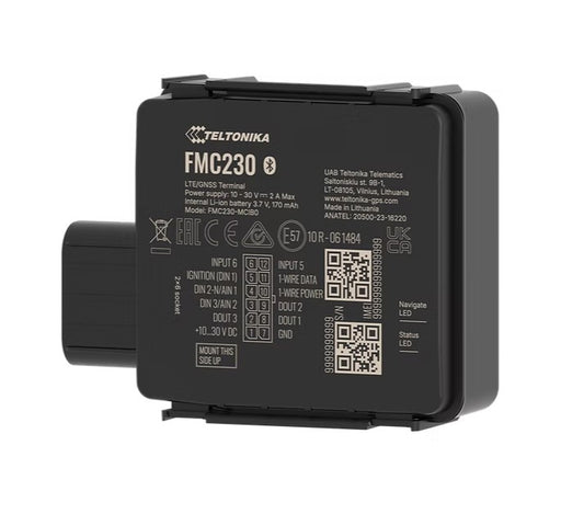 Black teltonika fmc230 ip67 4g lte cat 1 gps vehicle tracker with matte finish and labeled side ports shown from back