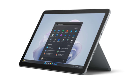 Silver Microsoft Surface Go 4 tablet with sleek design, black bezel, 10.5-inch screen