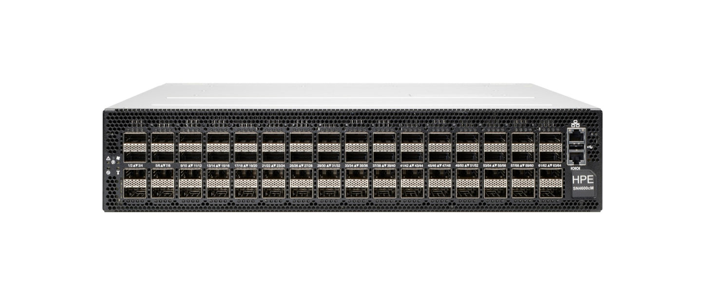 Black hpe dl380 gen10 server with silver top panel and multiple ethernet ports shown from back side in data centre switch setup