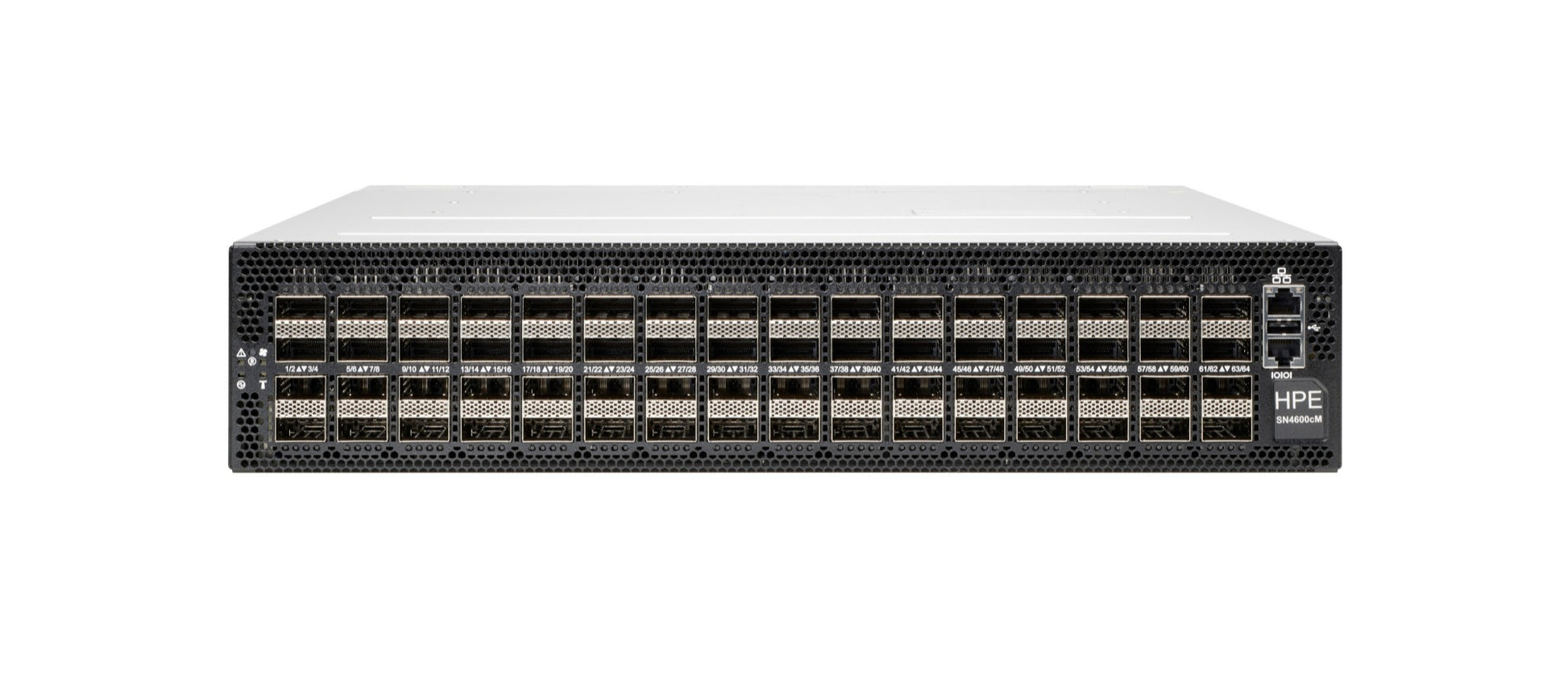 Black hpe dl380 gen10 server with silver top panel and multiple ethernet ports shown from back side in data centre switch setup