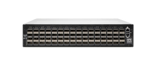 Black hpe dl380 gen10 server with silver top panel and multiple ethernet ports shown from back side in data centre switch setup
