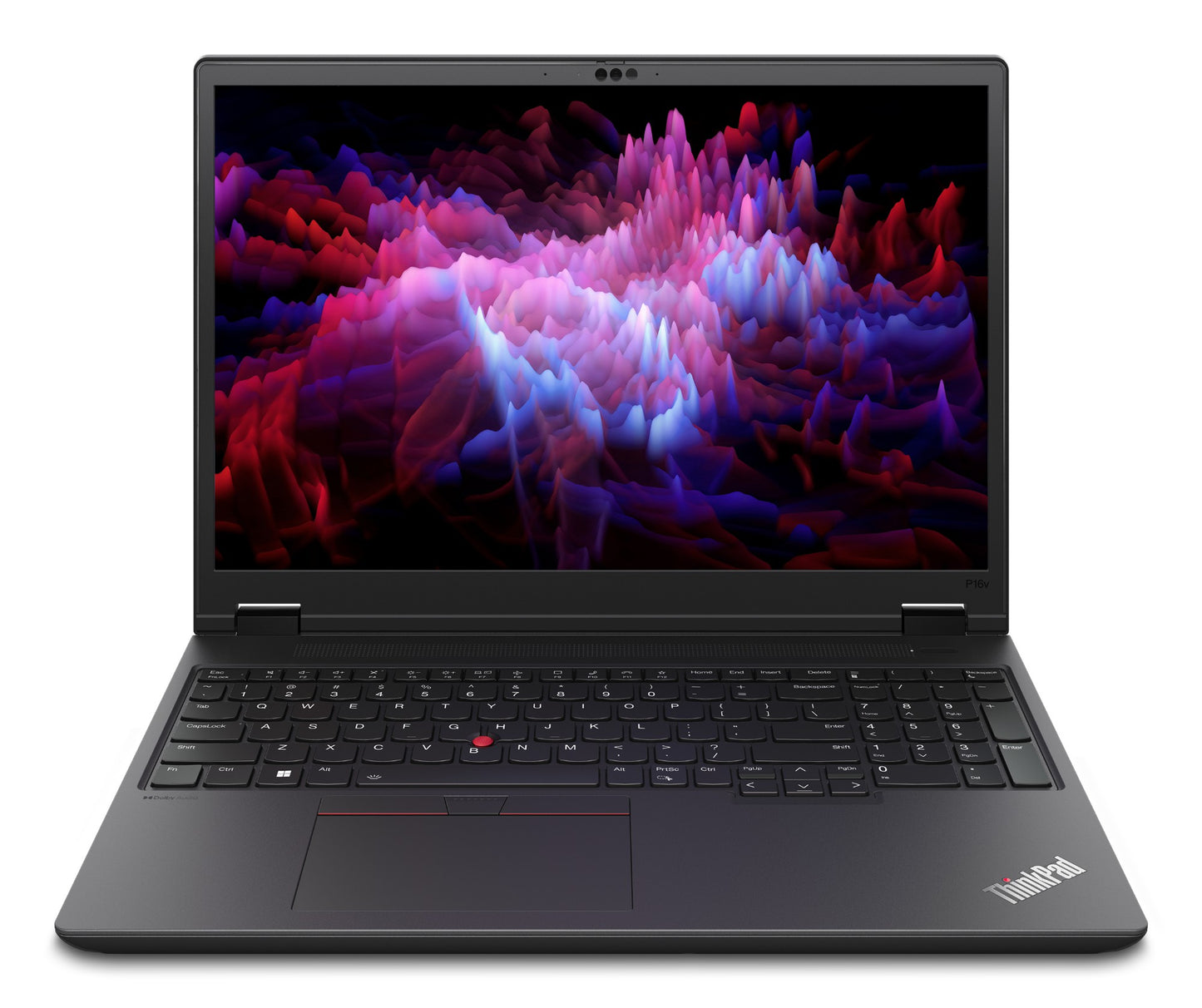 Black Lenovo ThinkPad P16v Gen 2 laptop with red trackpoint