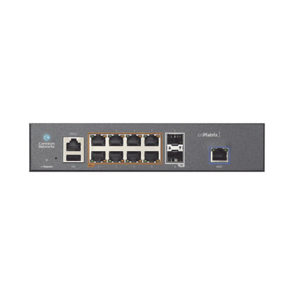 Cambium cnMatrix EX1010-P switch with 8 PoE ports, 2 SFP uplinks, gray metal, blue LED