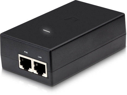 Black rectangular uplink poe injector with two ethernet ports labeled poe and lan from ubiquiti poe 50 60w au