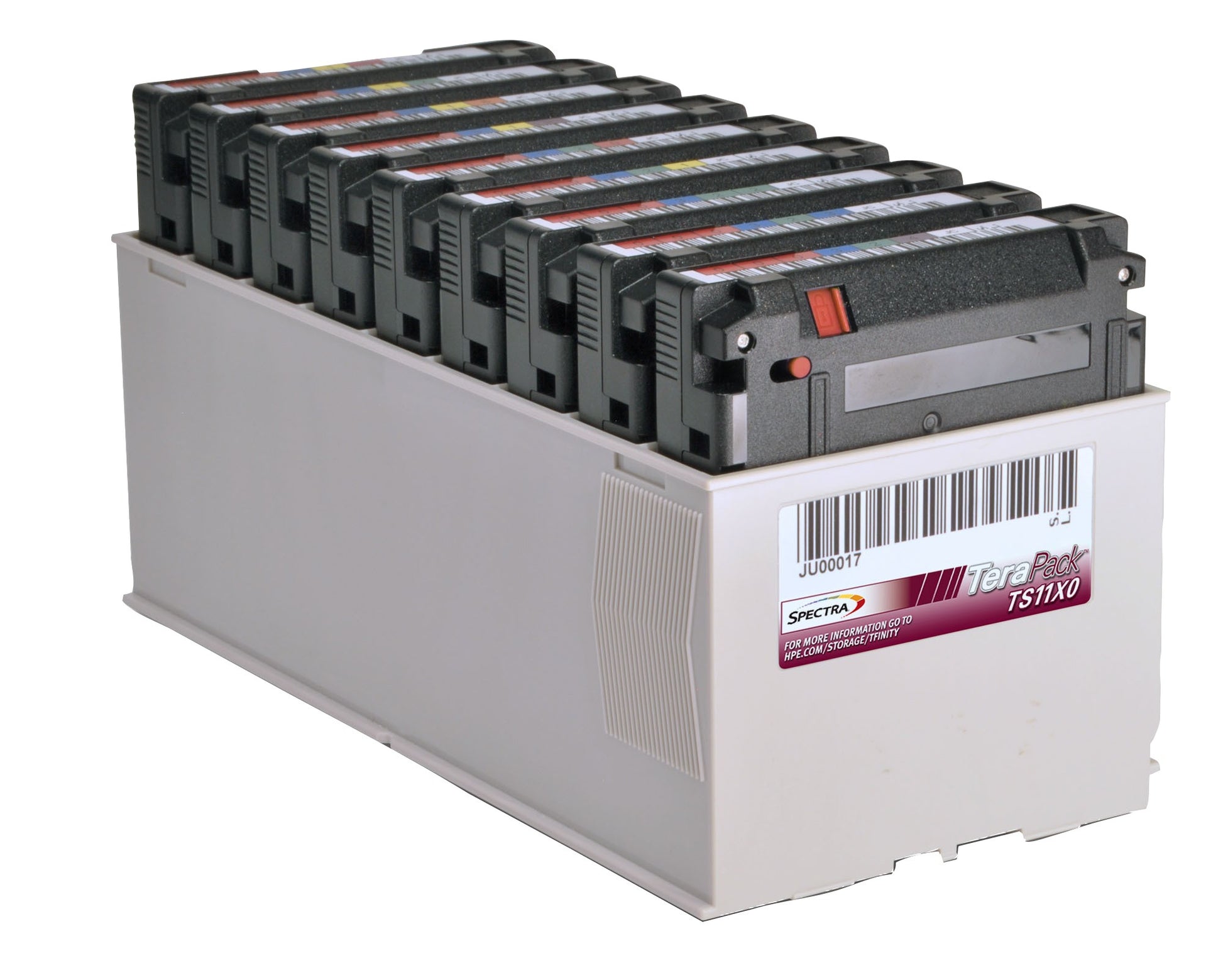 A white plastic storage crate holding ten black terapack ts11x0 tape cartridges with red labels and orange indicator lights for hpe spectra terapack lto-9 50tb data storage