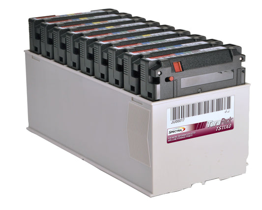 A white plastic storage crate holding ten black terapack ts11x0 tape cartridges with red labels and orange indicator lights for hpe spectra terapack lto-9 50tb data storage