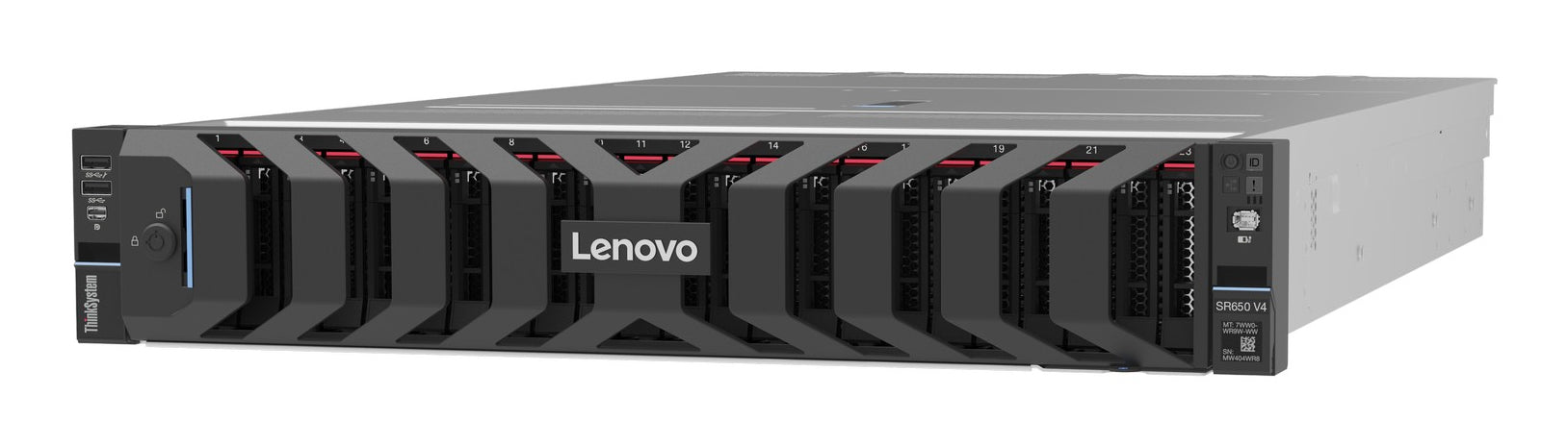 Black lenovo thinksystem sr650 v4 2u rack server with red led indicators and sleek industrial design featuring xeon 6515p processor