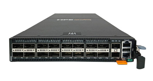 Black hpe dl380 gen10 server with multiple network ports and console port in hpe s4q68a 16-port qsfp28 100gbe switch product