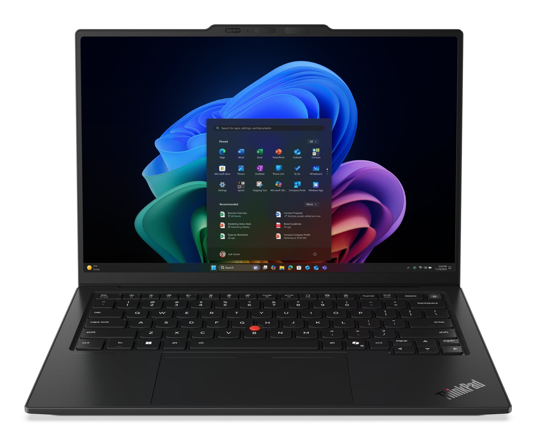 Black Lenovo ThinkPad X1 Carbon Gen 14 laptop with sleek minimalist design and distinctive red trackpoint