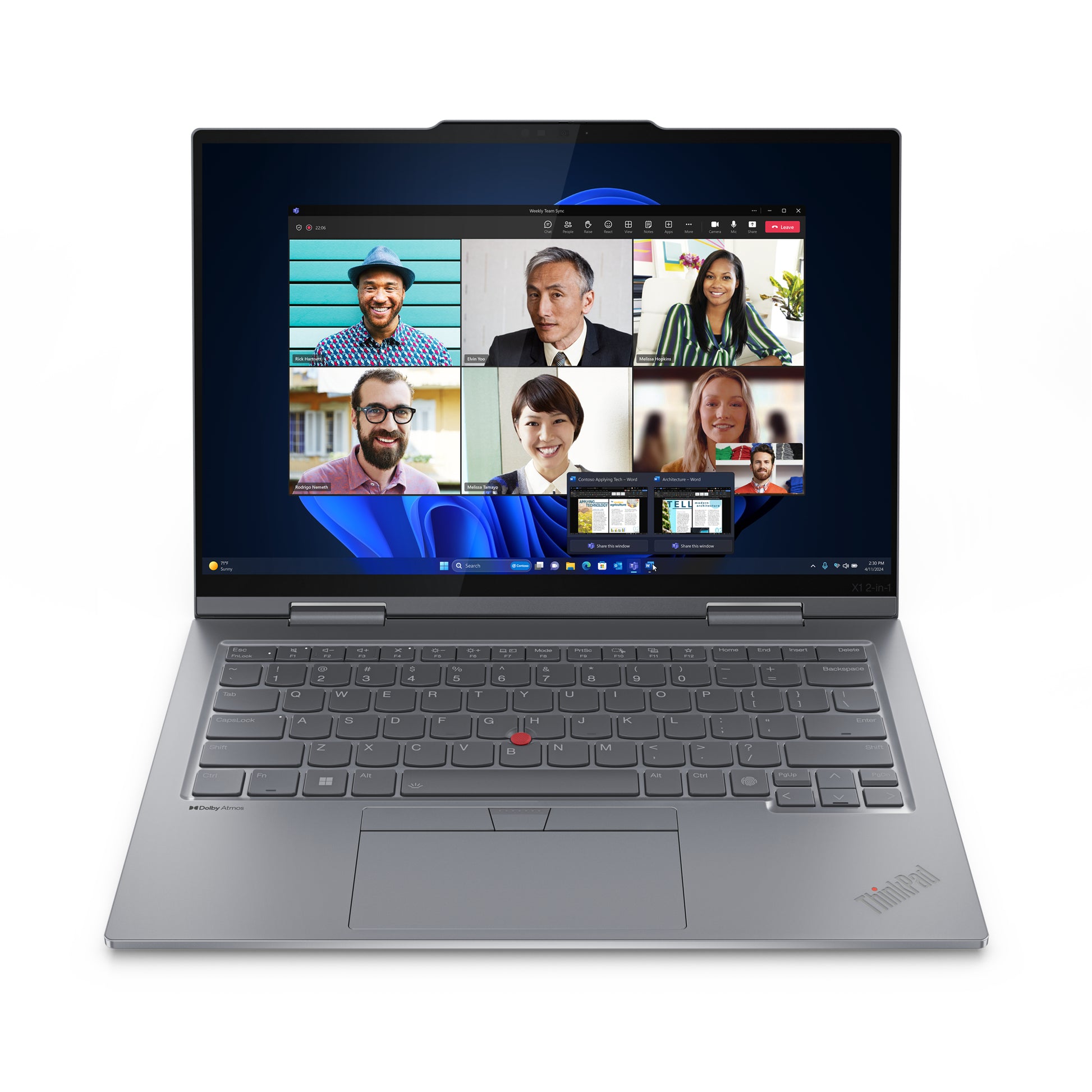 Silver Lenovo ThinkPad X1 2-in-1 Gen 9 14 inch touchscreen laptop with red trackpoint nub and sleek minimalist design