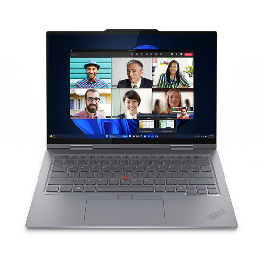 Silver Lenovo ThinkPad X1 2-in-1 Gen 9 14 inch touchscreen laptop with red trackpoint nub and sleek minimalist design