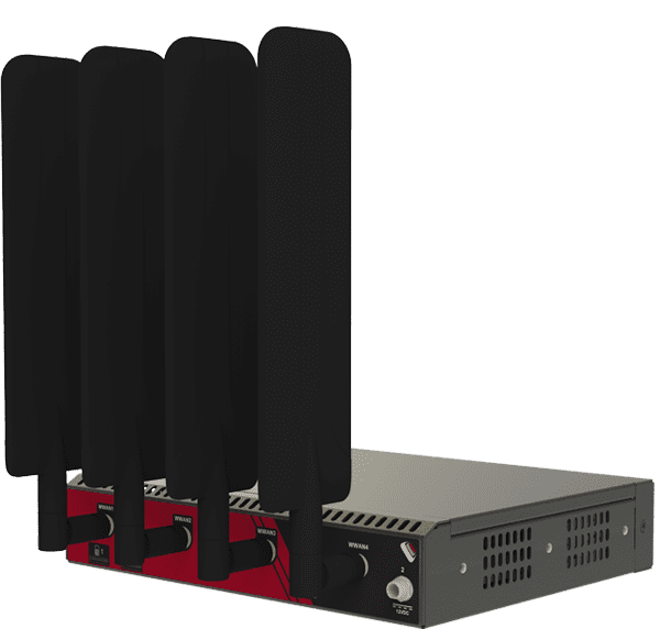 Black and red OPENGEAR OM1304-4E-C-LSP wireless signal booster with four vertical antennas and 4-port GbE switch