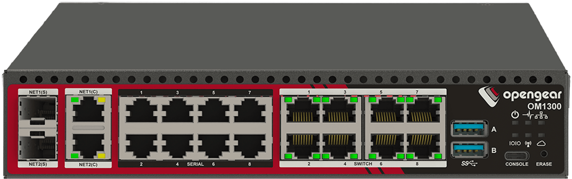 Black opengear om1308-8e operations manager 8-port rs232 console server and 8-port gbe switch with red accents and ethernet ports