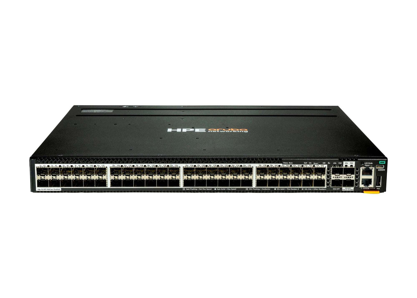 Aruba CX 6300M 48x1G SFP switch S4P43A, black sleek design with ports and lights