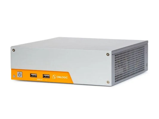 OnLogic MC510-55 Sophos mini PC with silver body, orange accent, USB ports