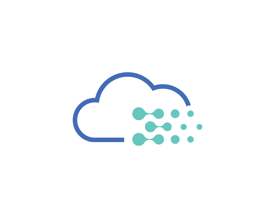 Blue outlined cloud icon emitting teal molecular-like droplets.