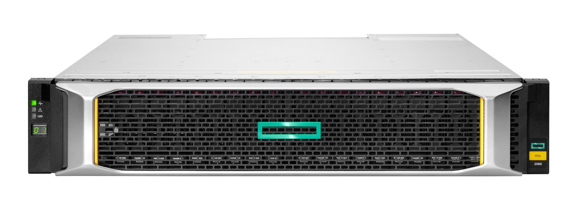 Silver and black HPE P89062-B25 MSA 2060 SFF iSCSI storage array with perforated front panel and teal logo