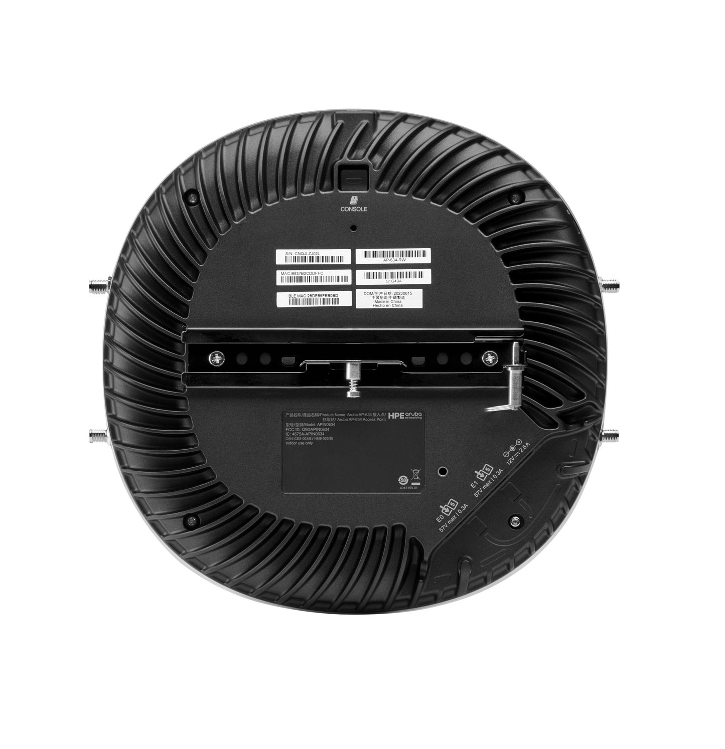 Black circular hpe proliant server console with ribbed texture and mounting hardware for aruba s1g49a ap-634 wi-fi 6e access point
