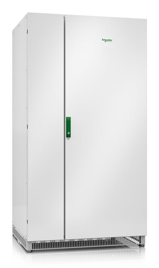 White industrial-grade electrical cabinet with green handle and Schneider Electric branding for APC E3MCBC10A UPS battery cabinet