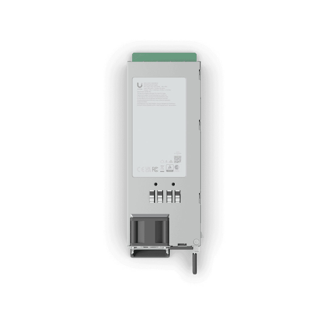 Silver SFP+ transceiver module rear with specs for Ubiquiti UACC-PSU-12V-550W