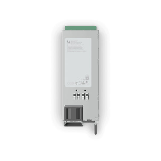 Silver SFP+ transceiver module rear with specs for Ubiquiti UACC-PSU-12V-550W