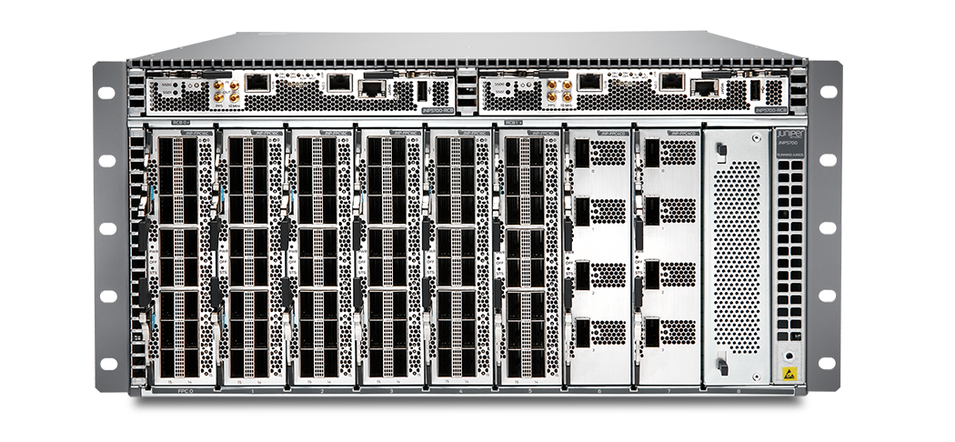 Silver-colored Juniper JNP5700-CHAS rack-mountable server chassis with 8 vertical slots and ventilation grilles