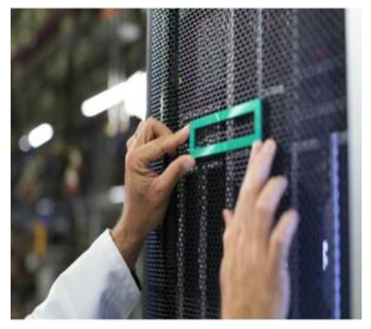 Green rectangular label held against black mesh server rack on the back side of HPE DL360 Gen12 power cable kit