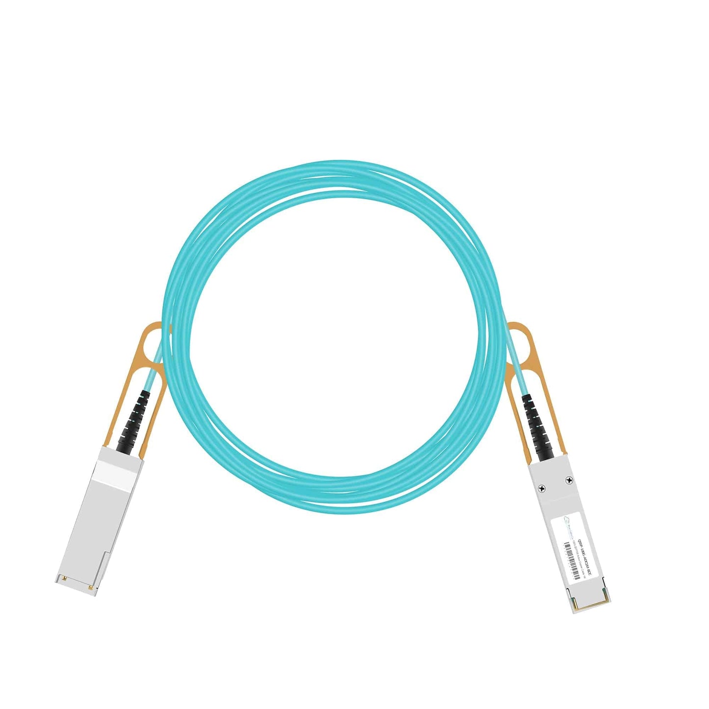 A light blue active optical cable with gold connectors and silver metallic housing compatible with nvidia mellanox 100gbe