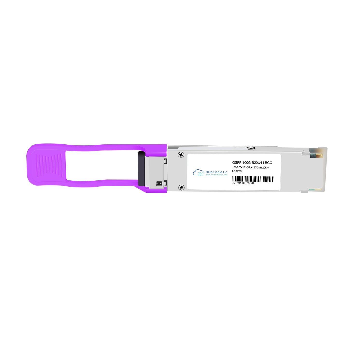 Purple and silver cisco compatible qsfp-100g-b20u4-hbcc optical transceiver module with molded plastic handle for 20km biDi use