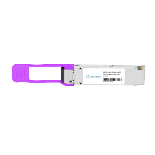 Purple and silver cisco compatible qsfp-100g-b20u4-hbcc optical transceiver module with molded plastic handle for 20km biDi use