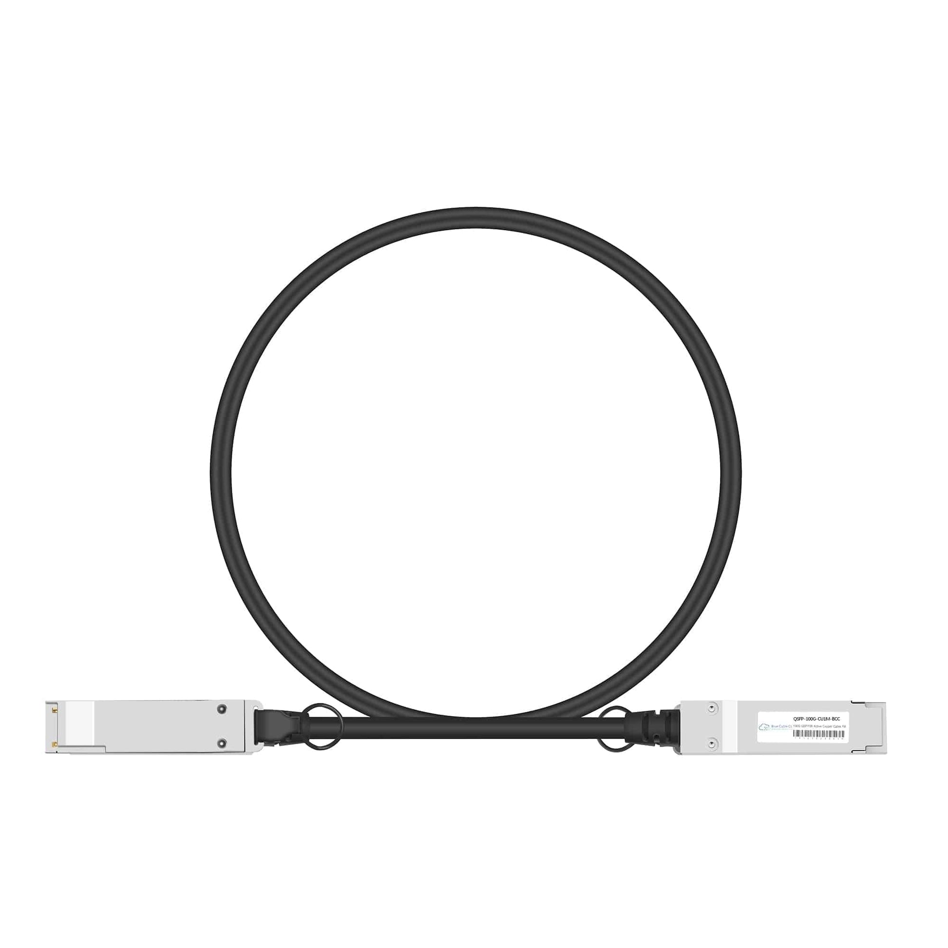 Black-coated fiber optic cable with silver sfp+ connectors labeled model qdp-500-132a8 for blue cable co nvidia mellanox compatible 100gbe qsfp28 to qsfp28 passive dac cable