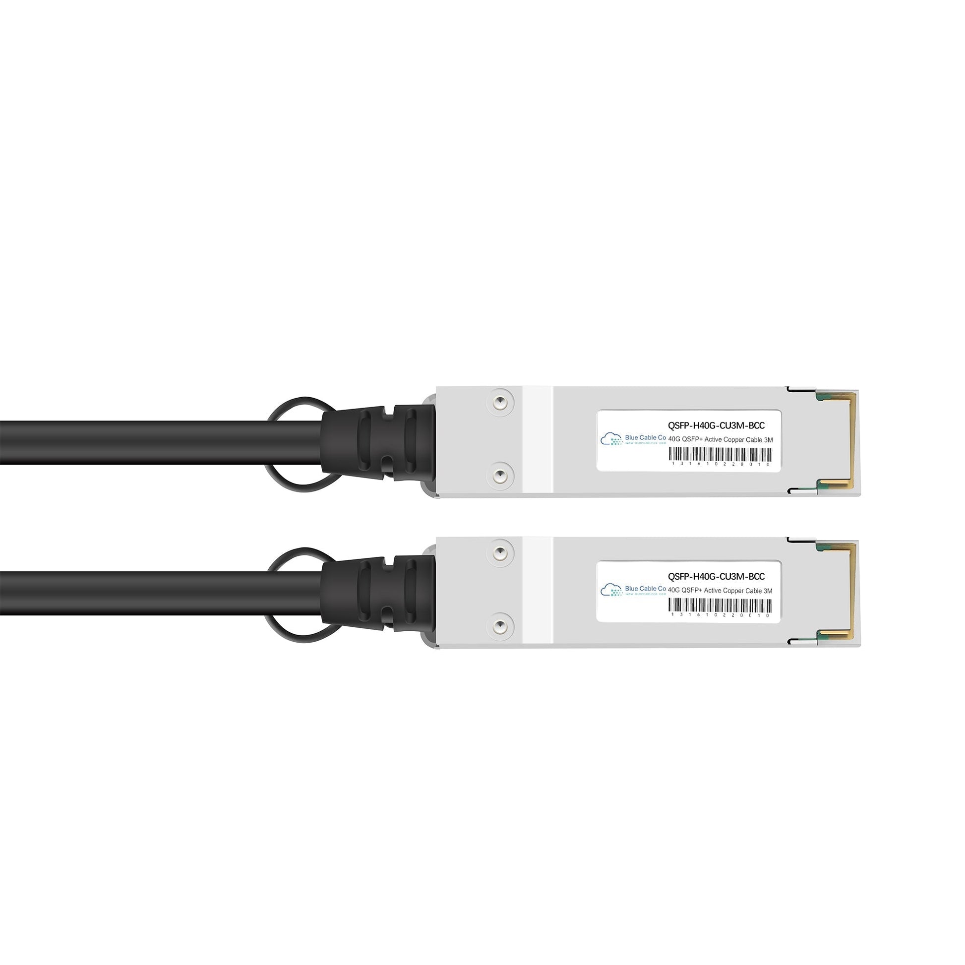 Silver-colored qsfp+ transceiver modules with black cables and white labels for blue cable co nvidia mellanox compatible 40gbe dac cable