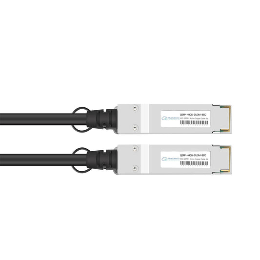 Silver-colored qsfp+ transceiver modules with black cables and white labels for blue cable co nvidia mellanox compatible 40gbe dac cable