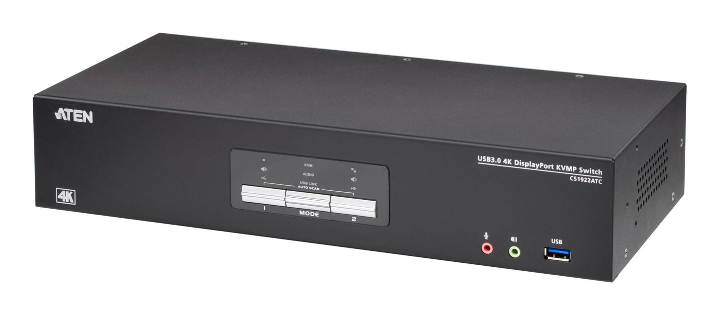 Black aten usb 3.0 4k displayport kvm switch with silver control buttons and labeled ports on front panel for cs1922atc